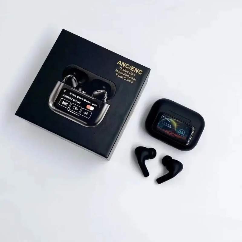 Black A9 Pro ANC Bluetooth 5.4 Wireless Earbuds with Smart Screen and Active Noise Cancellation - Image 3