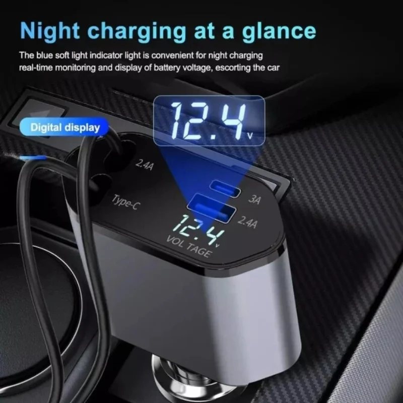 4-in-1 Retractable Car Charger | Dual USB & USB-C PD Fast Charging, 100W - Image 4