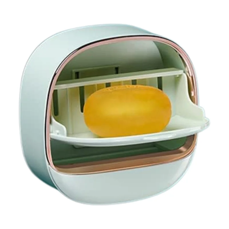 Light Green | Self-Adhesive Wall-Mounted Luxury Soap Holder with Lid and Drainage Tray - Image 5