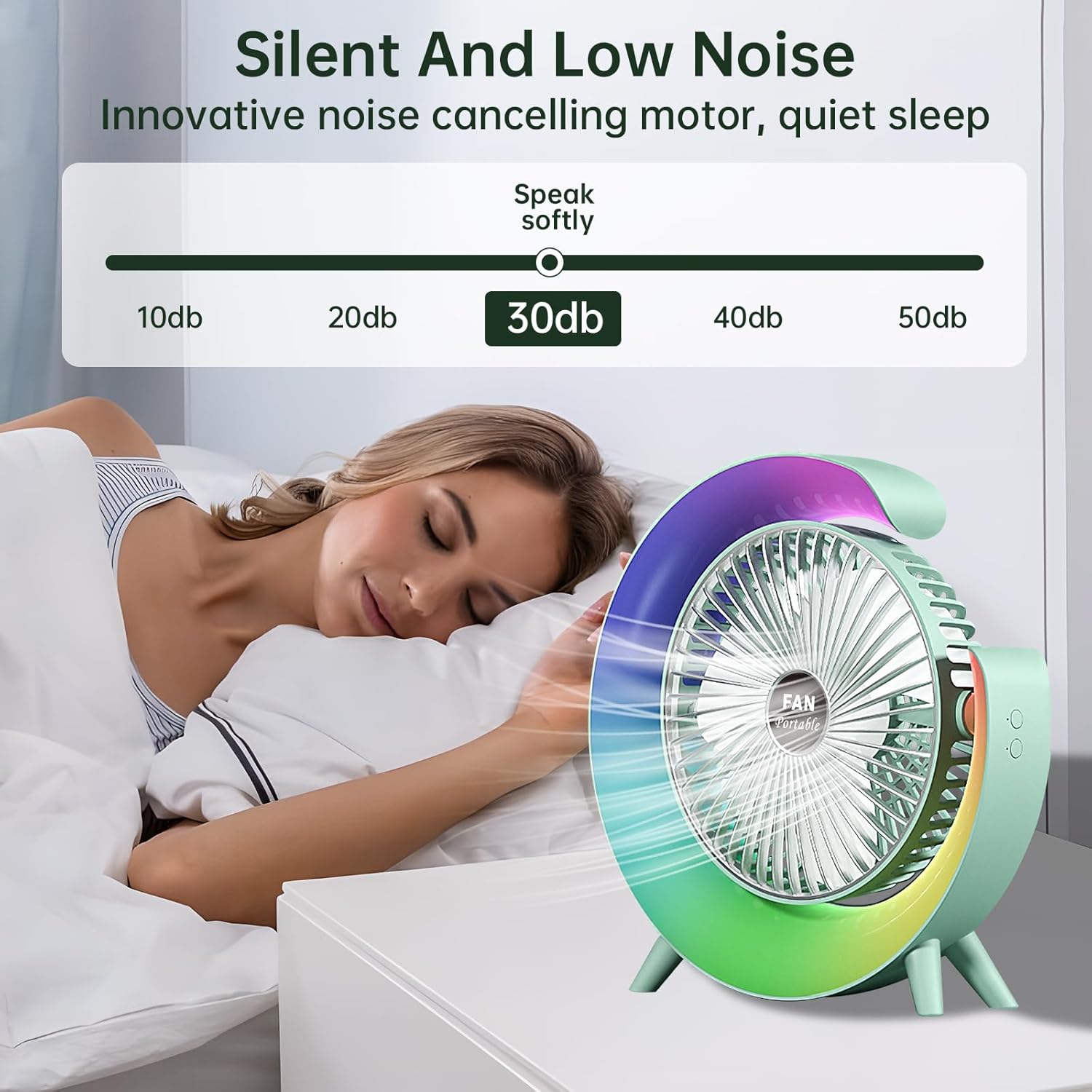 Colorful USB Rechargeable Desktop Fan | Silent Cooling, LED Ambient Light, 3-Speed Rotation - Image 3