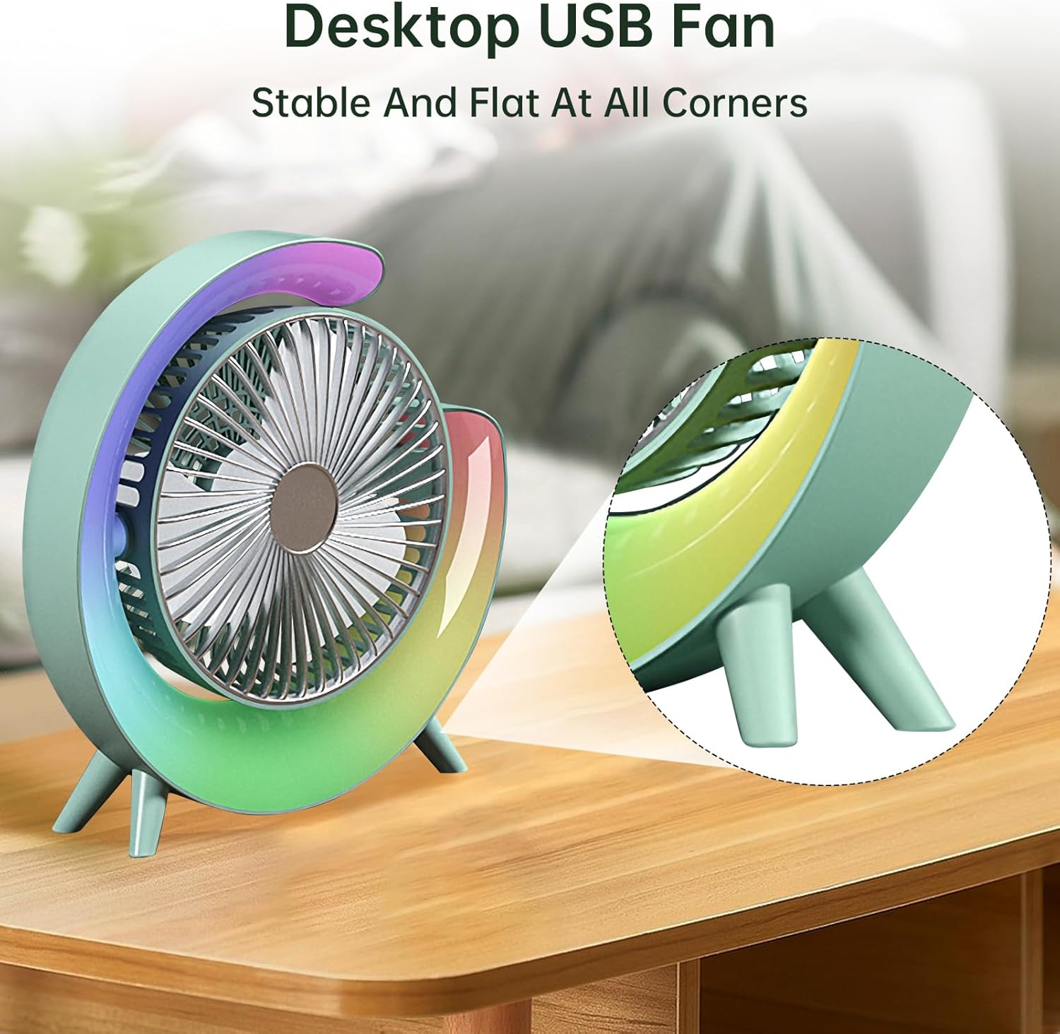 Colorful USB Rechargeable Desktop Fan | Silent Cooling, LED Ambient Light, 3-Speed Rotation - Image 5