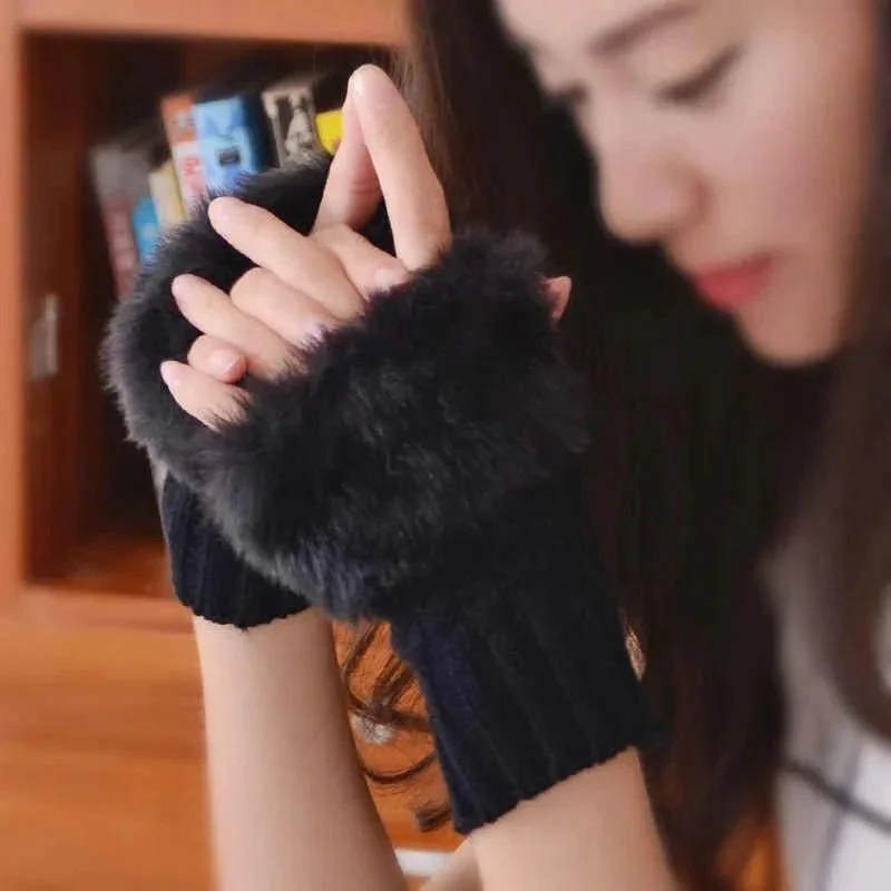 Women’s Faux Fur Fingerless Knitted Gloves | Warm Winter Hand Wrist Warmers | Soft, Stylish & Comfortable | Black - Image 5