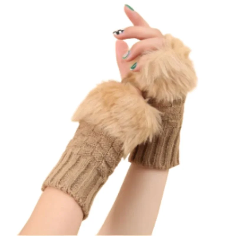 Women’s Faux Fur Fingerless Knitted Gloves | Warm Winter Hand Wrist Warmers | Soft, Stylish & Comfortable | Beige - Image 2