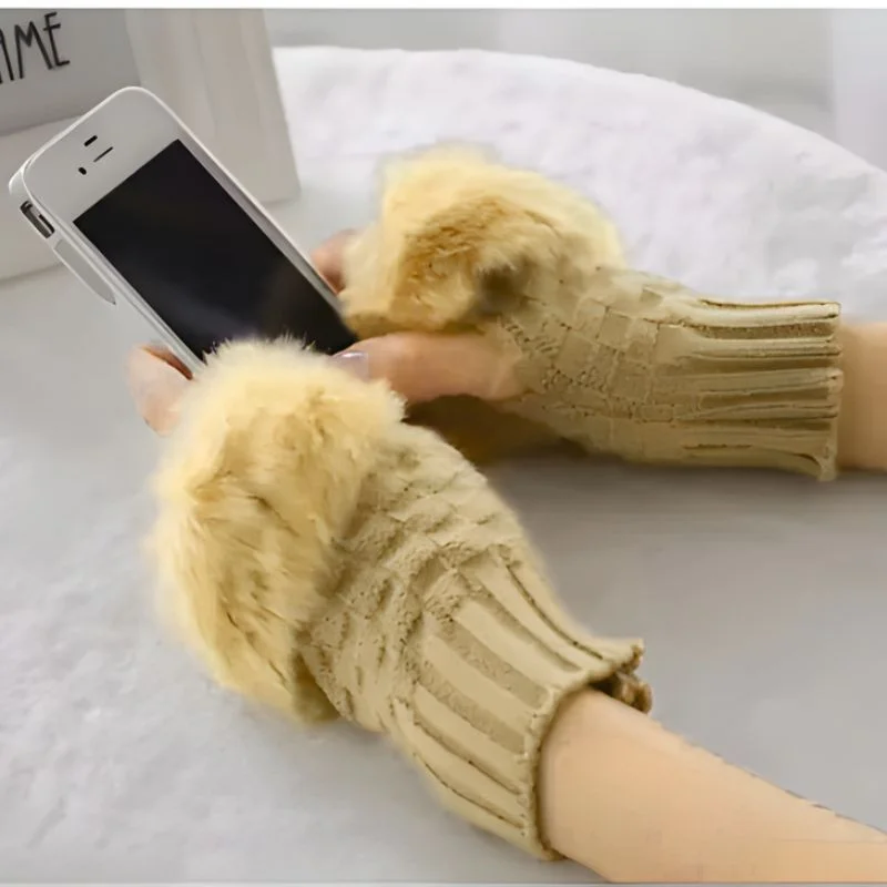 Women’s Faux Fur Fingerless Knitted Gloves | Warm Winter Hand Wrist Warmers | Soft, Stylish & Comfortable | Beige - Image 4