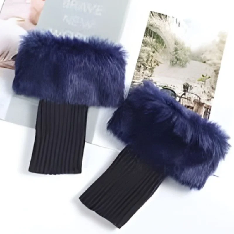 Women’s Faux Fur Fingerless Knitted Gloves | Warm Winter Hand Wrist Warmers | Soft, Stylish & Comfortable | Blue - Image 2