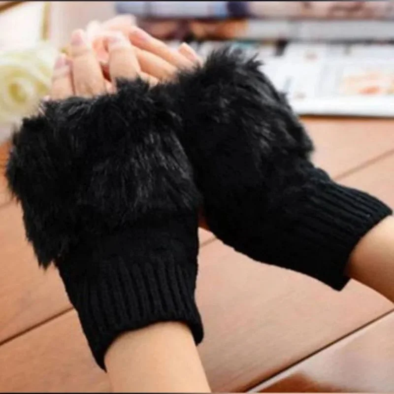 Women’s Faux Fur Fingerless Knitted Gloves | Warm Winter Hand Wrist Warmers | Soft, Stylish & Comfortable | Black - Image 4