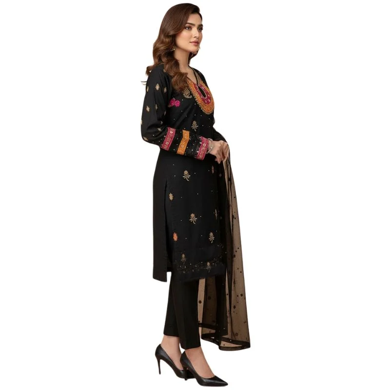 Organza 3-Piece Suit for Women | Unstitched Handmade Aari Zari & Beads Work - Image 4