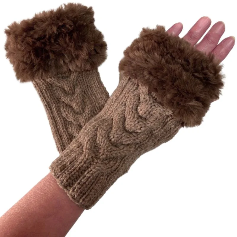 Women’s Faux Fur Fingerless Knitted Gloves | Warm Winter Hand Wrist Warmers | Soft, Stylish & Comfortable | Brown - Image 3