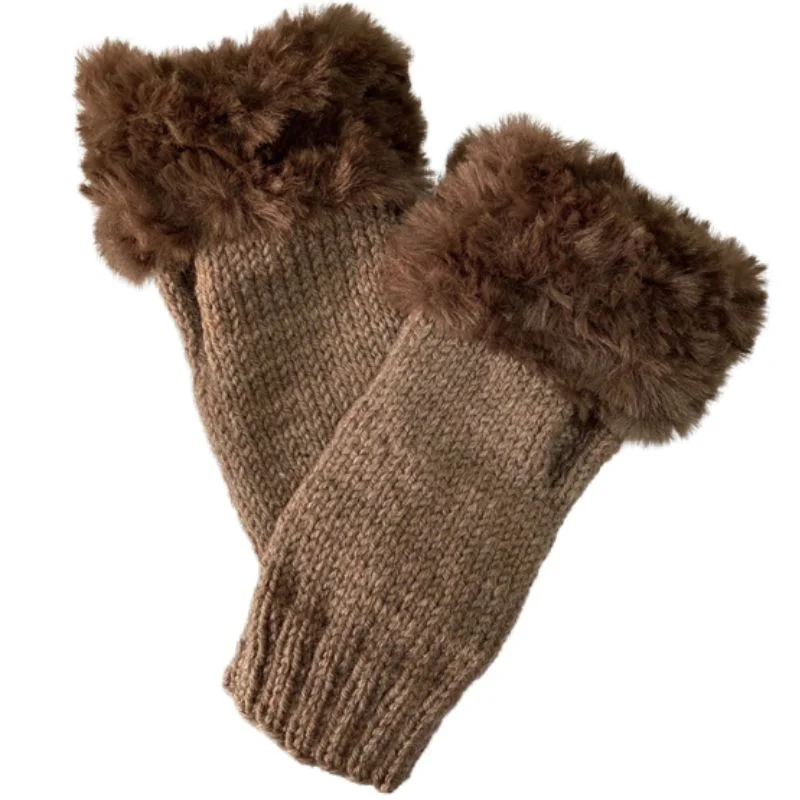 Women’s Faux Fur Fingerless Knitted Gloves | Warm Winter Hand Wrist Warmers | Soft, Stylish & Comfortable | Brown - Image 4