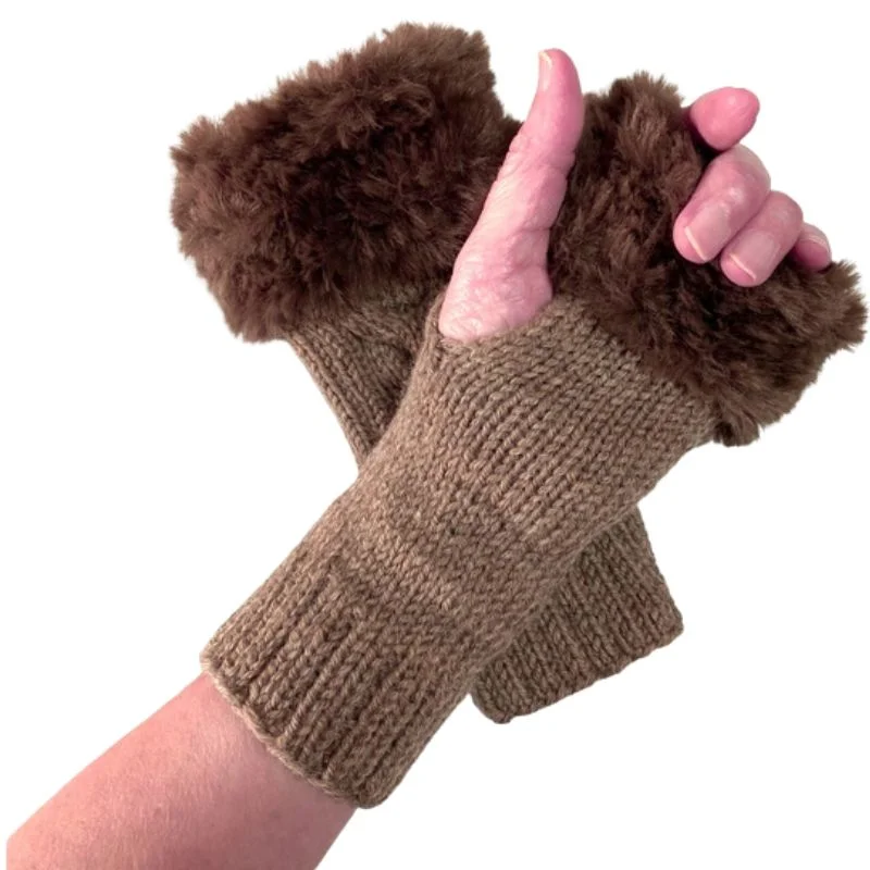 Women’s Faux Fur Fingerless Knitted Gloves | Warm Winter Hand Wrist Warmers | Soft, Stylish & Comfortable | Brown - Image 2