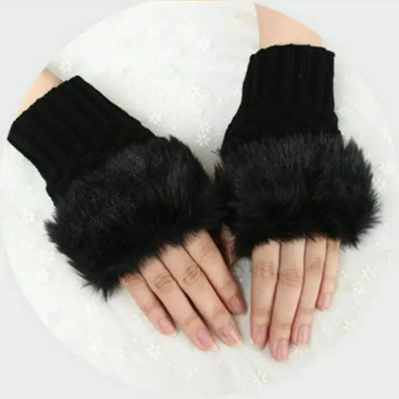 Women’s Faux Fur Fingerless Knitted Gloves | Warm Winter Hand Wrist Warmers | Soft, Stylish & Comfortable | Black