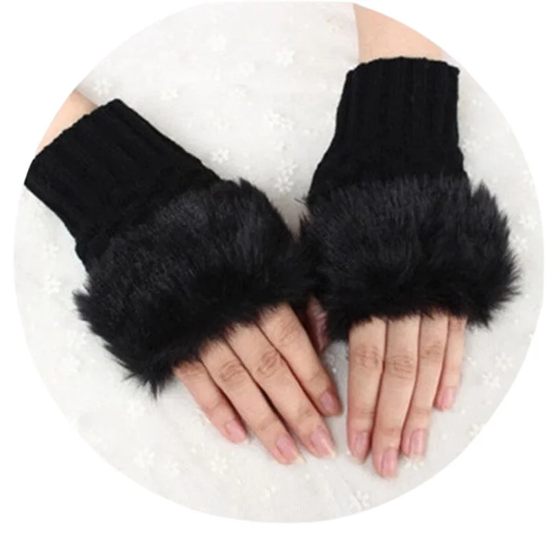 Women’s Faux Fur Fingerless Knitted Gloves | Warm Winter Hand Wrist Warmers | Soft, Stylish & Comfortable | Black - Image 3