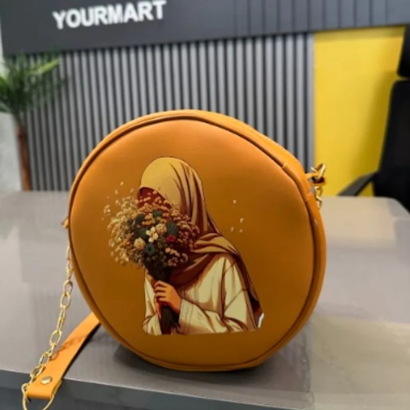 Round Retro Crossbody Handbag | Caramel Faux Leather with Artistic Print for Women - Image 5